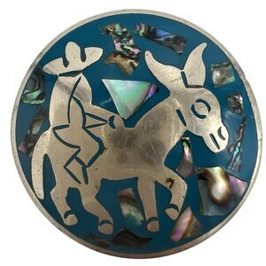 Vintage Alpaca Mexico Brooch Or Pendant Man with Donkey Abalone Inlay Enamel Pin